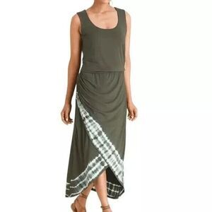 Chico's Tie Dye Wrap Hem Draped Sleeveless Maxi Dress Size 4 (XXL) Olive Green